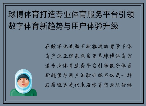 球博体育打造专业体育服务平台引领数字体育新趋势与用户体验升级